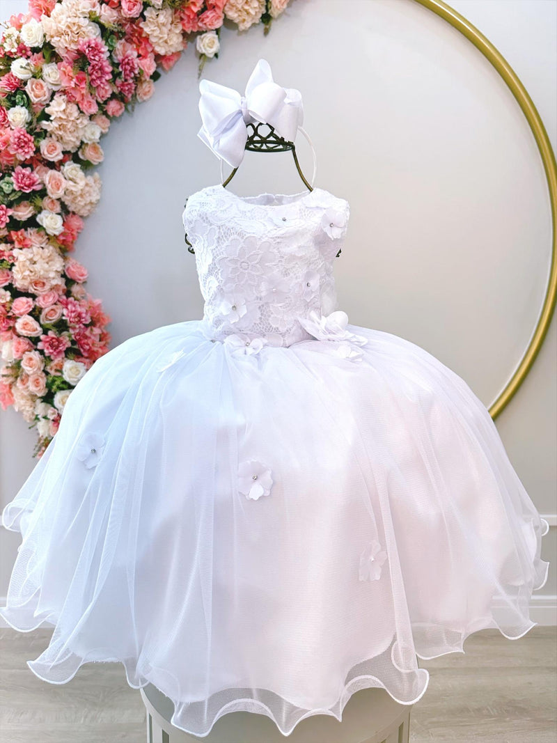 Vestido Infantil Branco Rendado C/ Flores em Aplique Damas