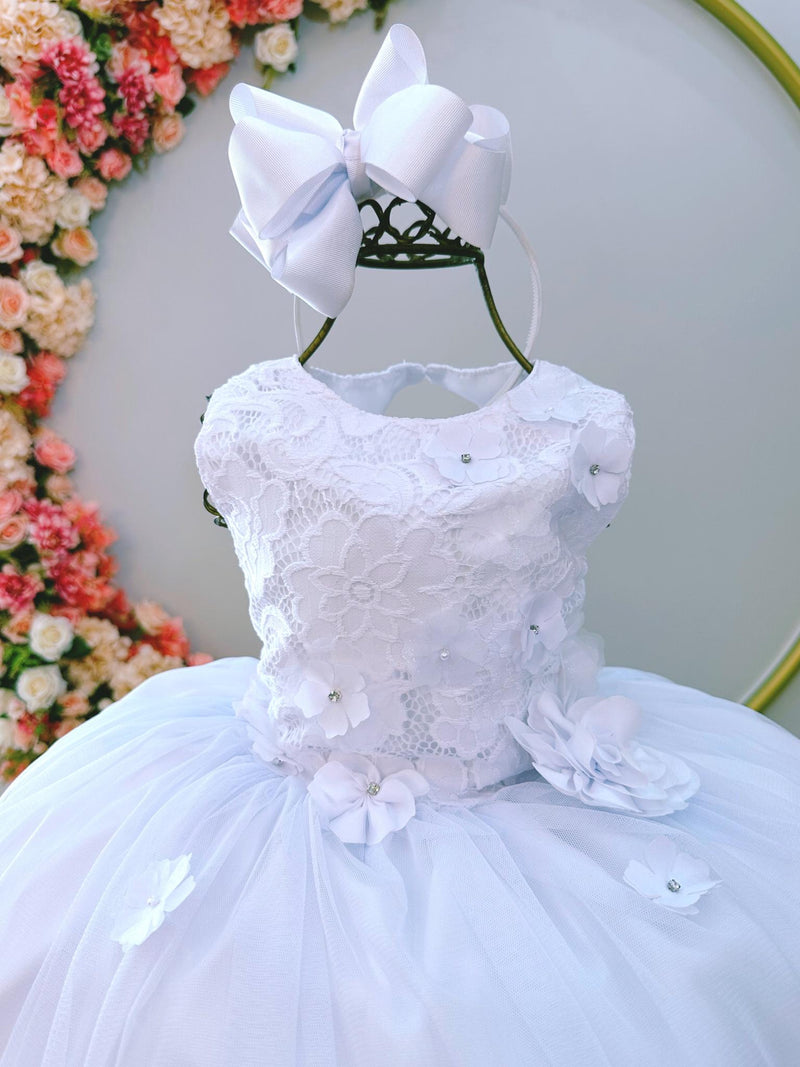 Vestido Infantil Branco Rendado C/ Flores em Aplique Damas