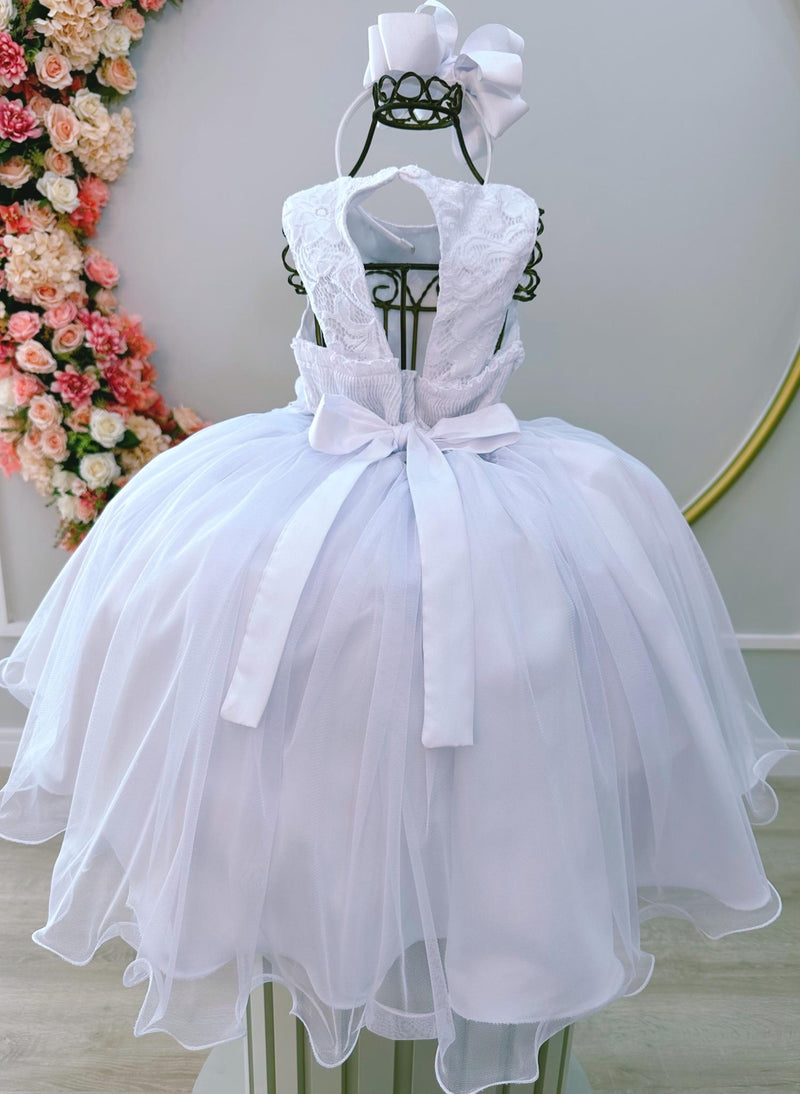 Vestido Infantil Branco Rendado C/ Flores em Aplique Damas