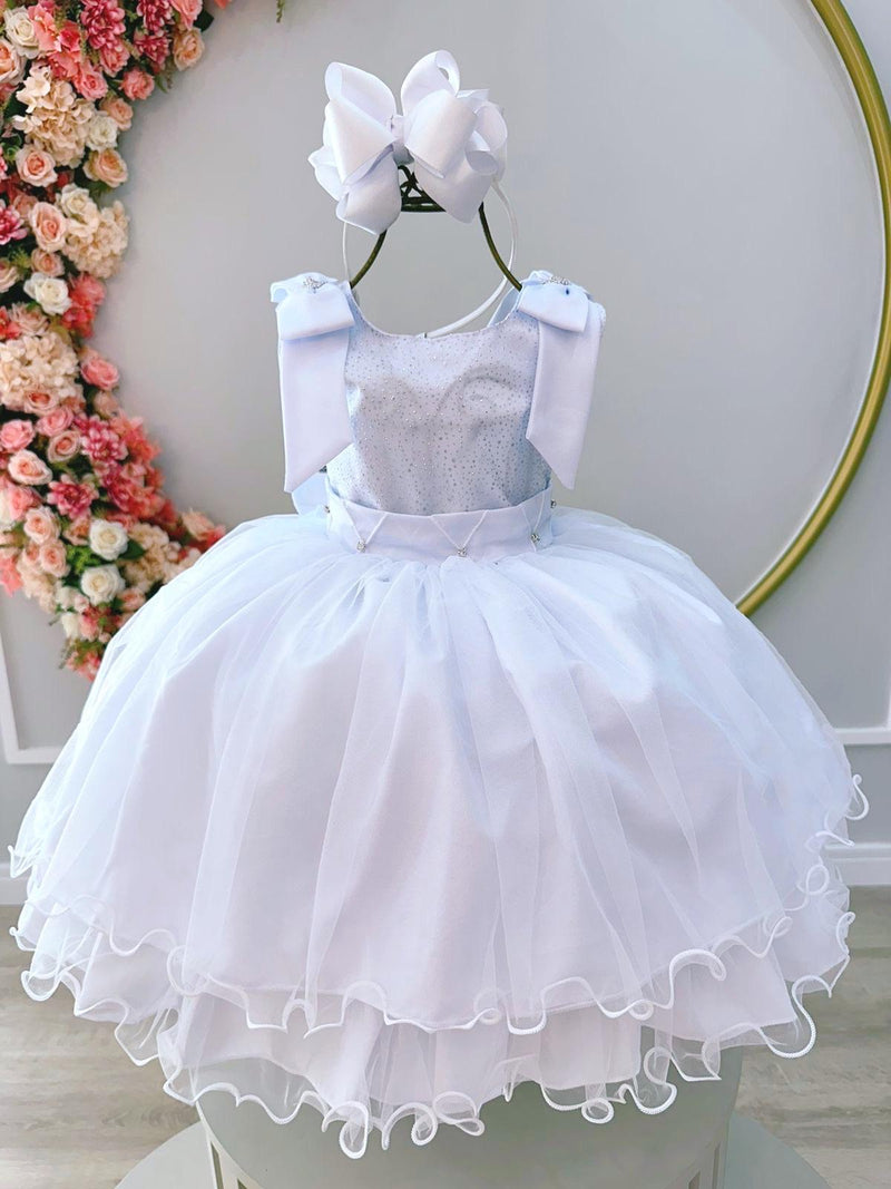 Vestido Infantil Branco C/ Glitter Busto e Aplique de Laços