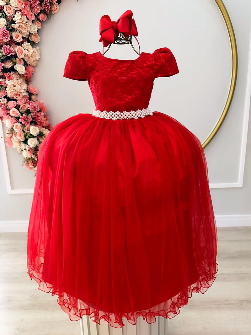 Vestido Infantil Vermelho Tule Renda Longo Dama Casamento