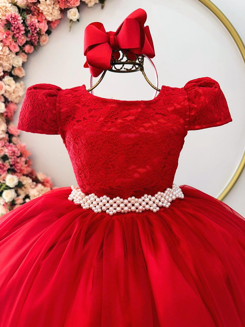 Vestido Infantil Vermelho Tule Renda Longo Dama Casamento