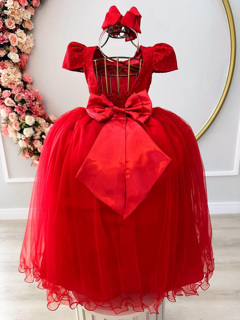 Vestido Infantil Vermelho Tule Renda Longo Dama Casamento