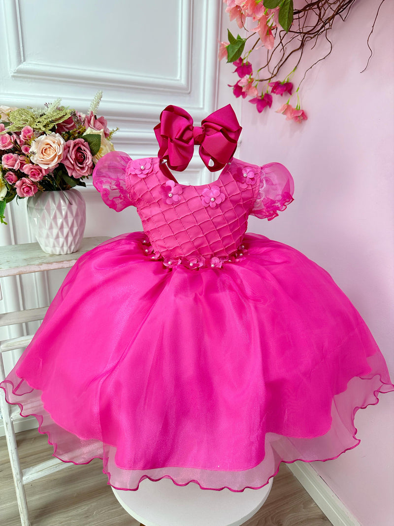 Vestido Infantil Rosa Princesa Aurora Barbie Aplique Flores