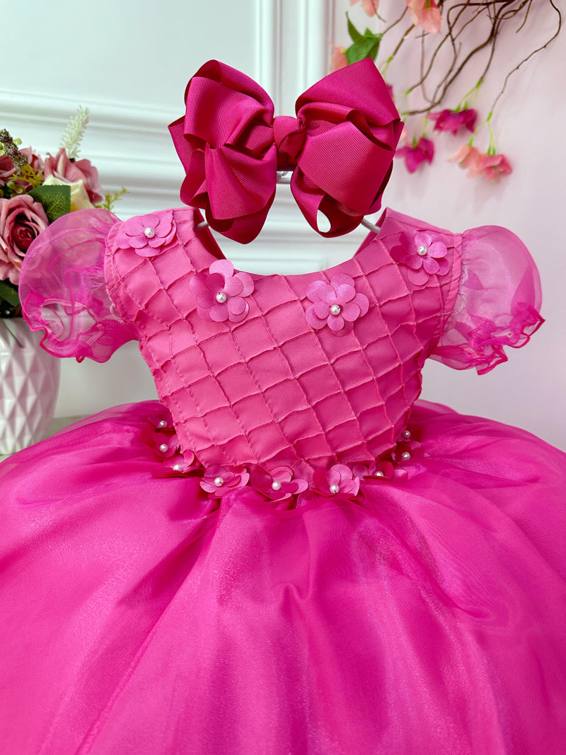 Vestido Infantil Rosa Princesa Aurora Barbie Aplique Flores