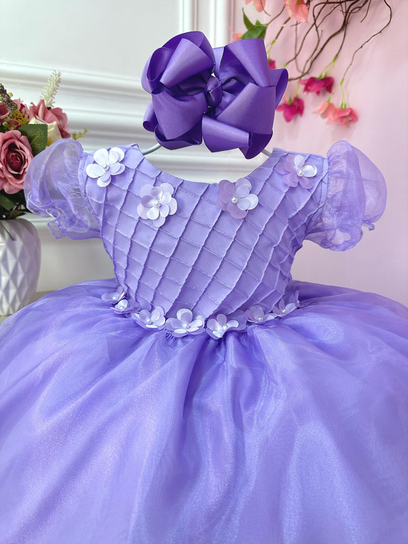 Vestido Infantil Lilás Princesa Sofia C/ Apliques de Flores