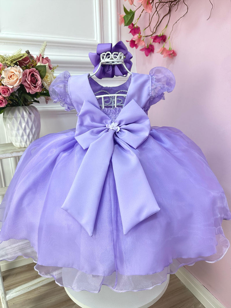 Vestido Infantil Lilás Princesa Sofia C/ Apliques de Flores