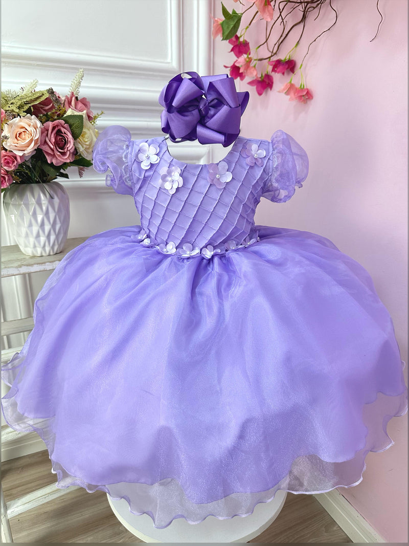 Vestido Infantil Lilás Princesa Sofia C/ Apliques de Flores