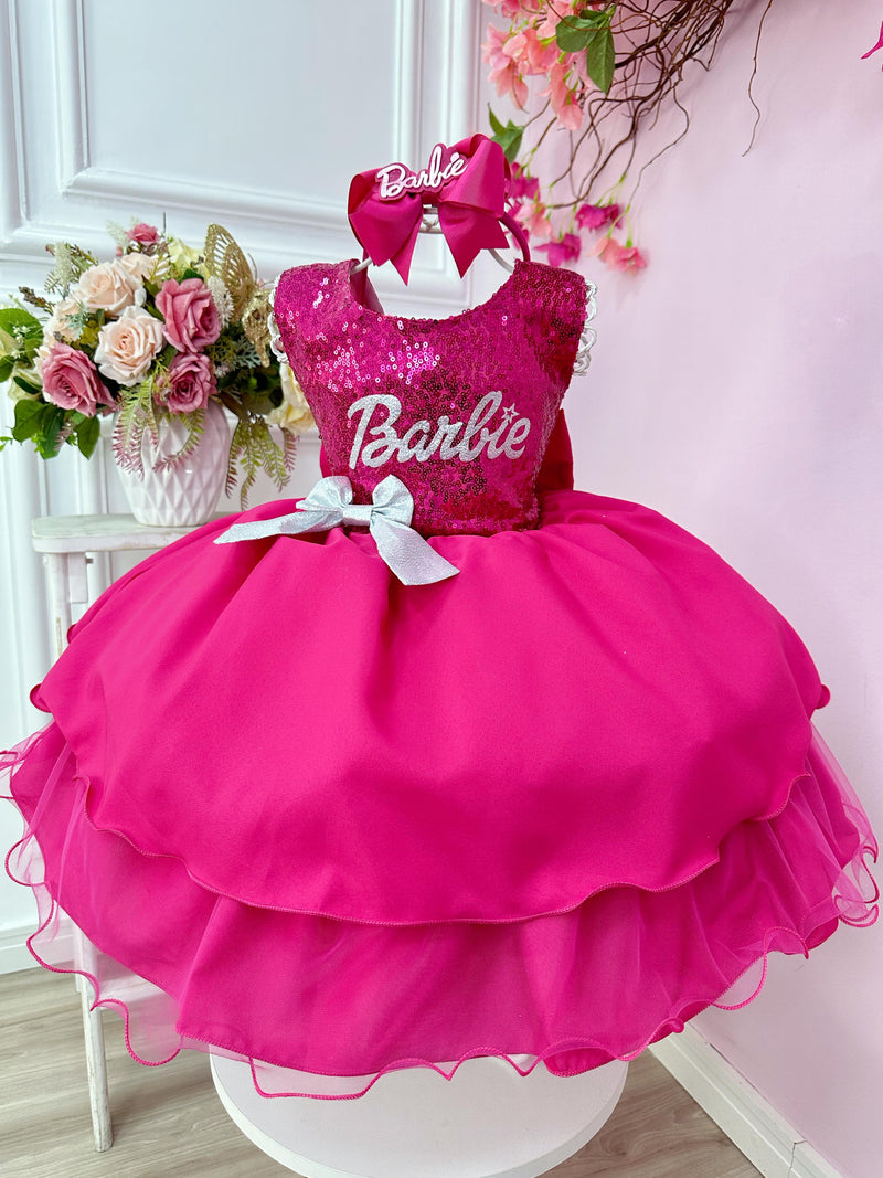 Vestido Infantil Barbie Rosa Busto Paetê e Broche de Lacinho