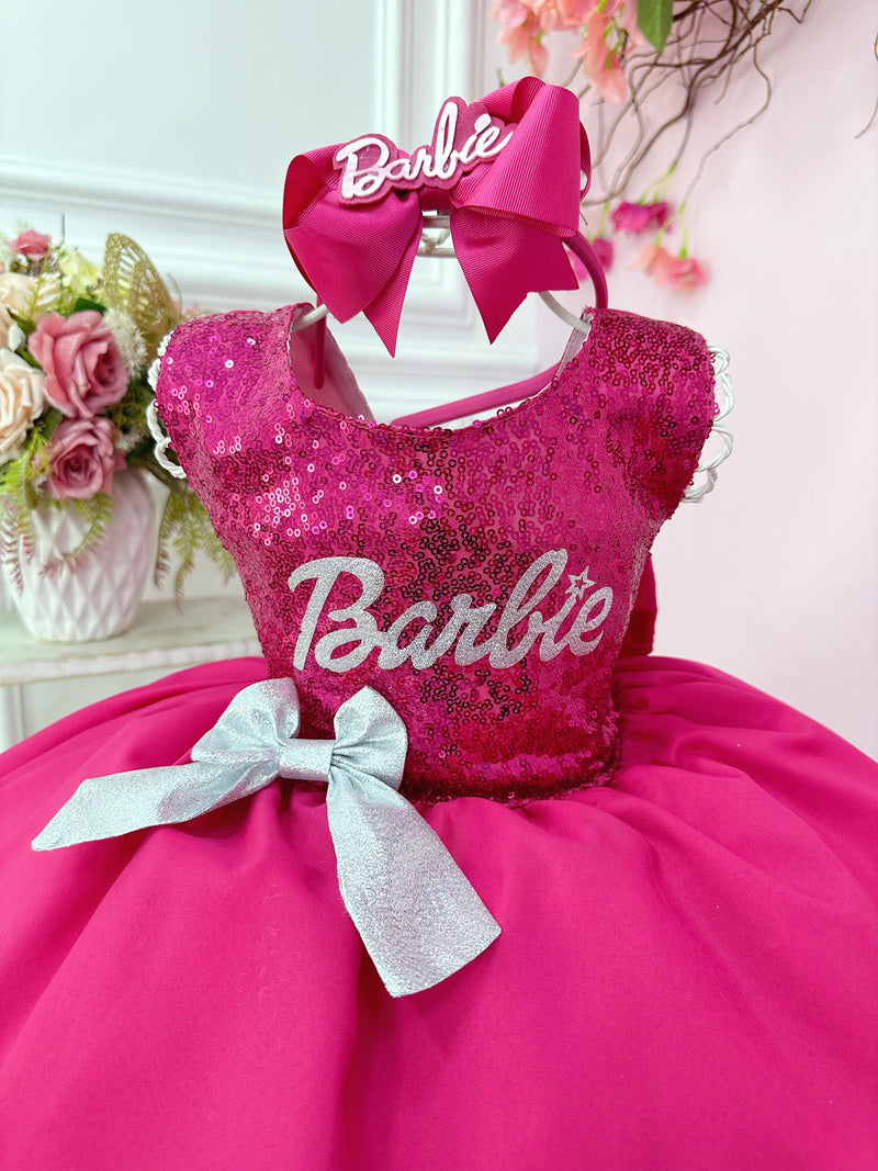 Vestido Infantil Barbie Rosa Busto Paetê e Broche de Lacinho