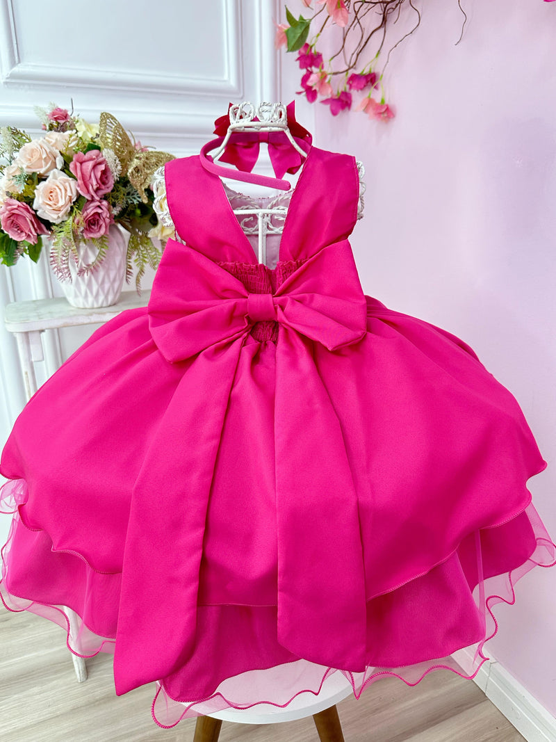 Vestido Infantil Barbie Rosa Busto Paetê e Broche de Lacinho