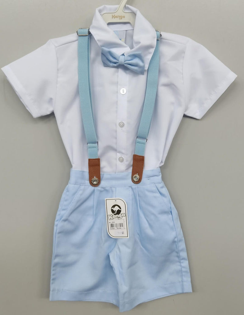 Conjunto Social Camisa Branca Curta Gravata Susp. Azul Bebê (3346BD)