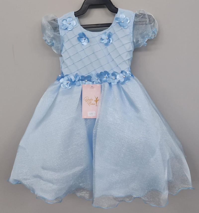 Vestido Infantil Azul Bebê Princesas Aurora C/ Aplique Flores