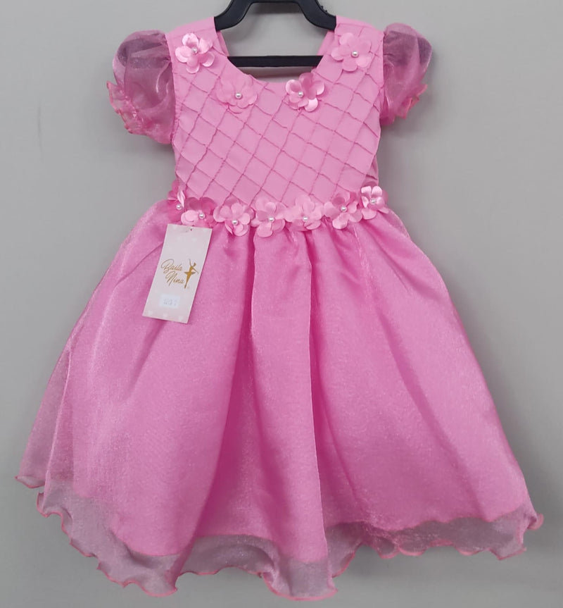 Vestido Infantil Rosa Princesas Aurora C/ Aplique de Flores