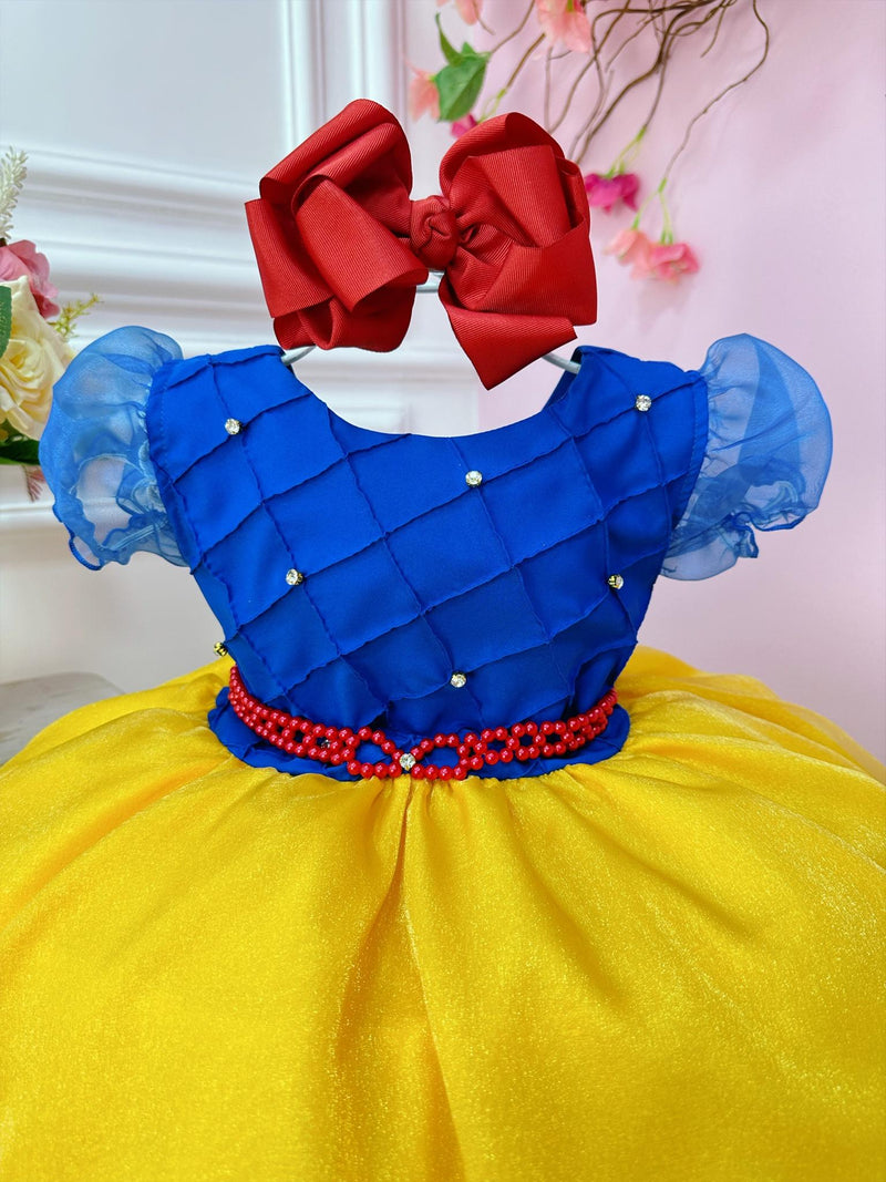 Vestido Infantil Azul Branca de Neve C/ Busto Nervura Strass