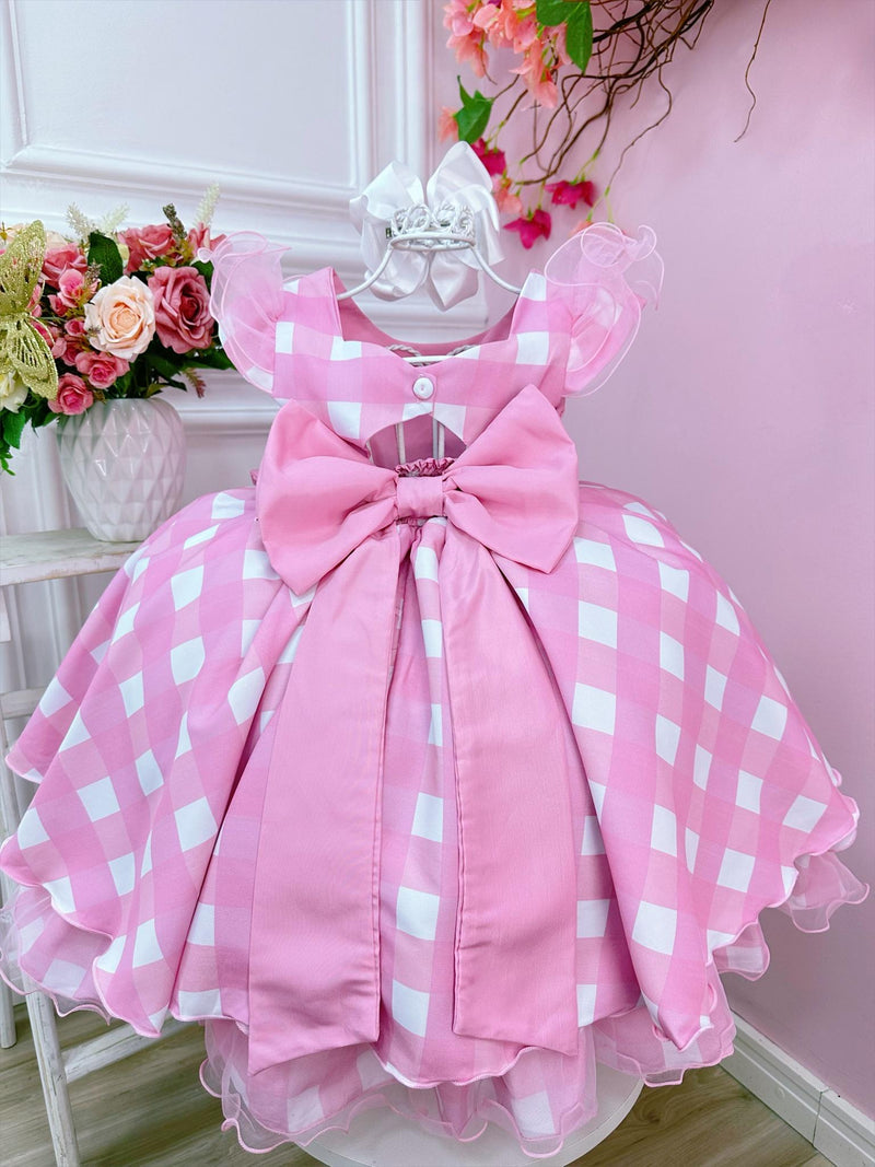 Vestido Infantil Barbie Rosa Xadrez Branco C/ Strass e Laço (2864RS)