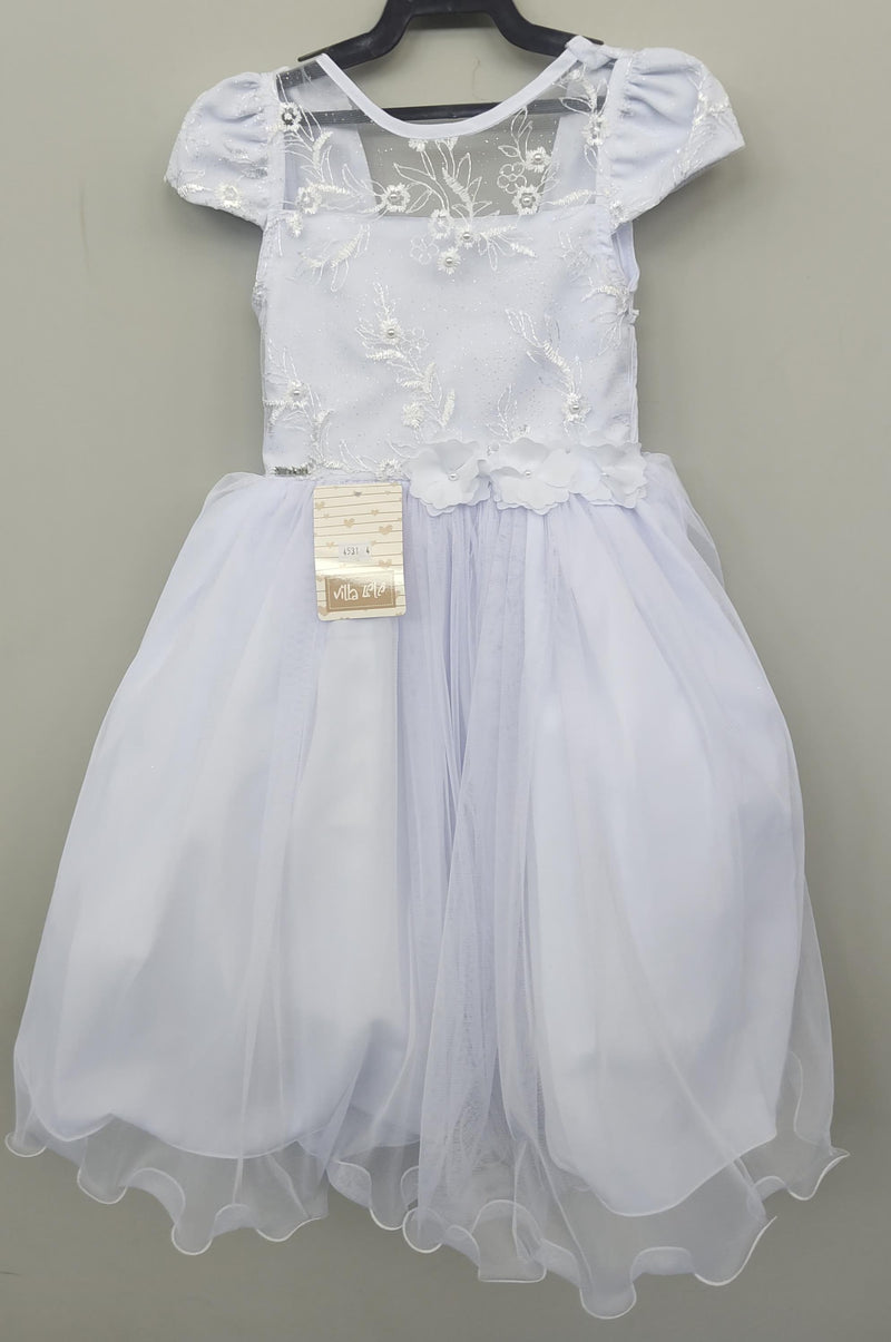 Vestido Infantil Branco Damas C/ Renda e Aplique de Flores