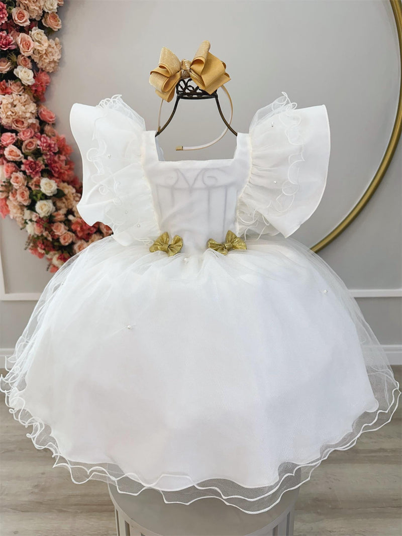 Vestido Infantil Off White C/ Broches Dourados Natal Festas