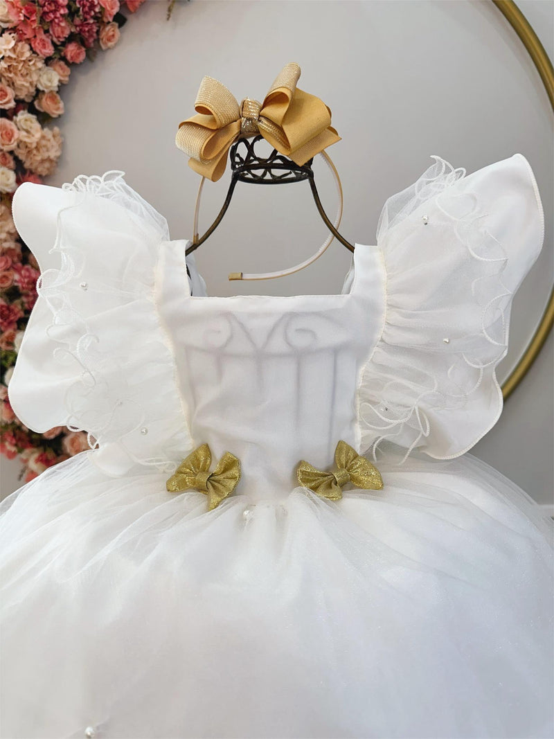 Vestido Infantil Off White C/ Broches Dourados Natal Festas