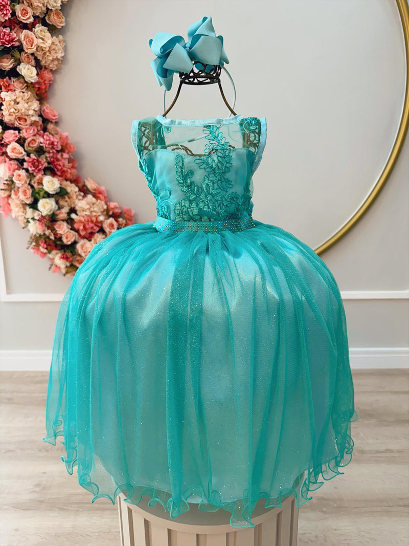 Vestido Infantil Verde Renda Realeza e Tule C/ Glitter