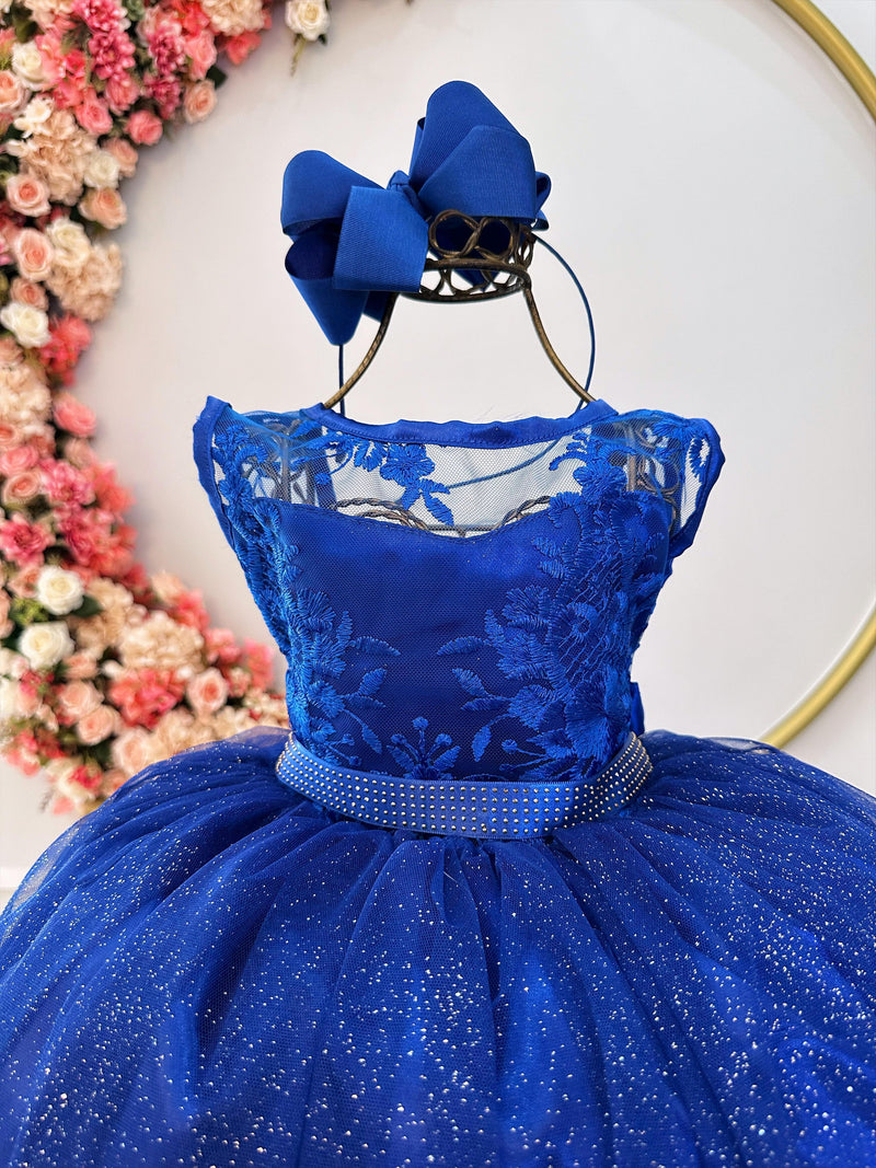 Vestido Infantil Azul Royal Renda Realeza Tule C/ Glitter