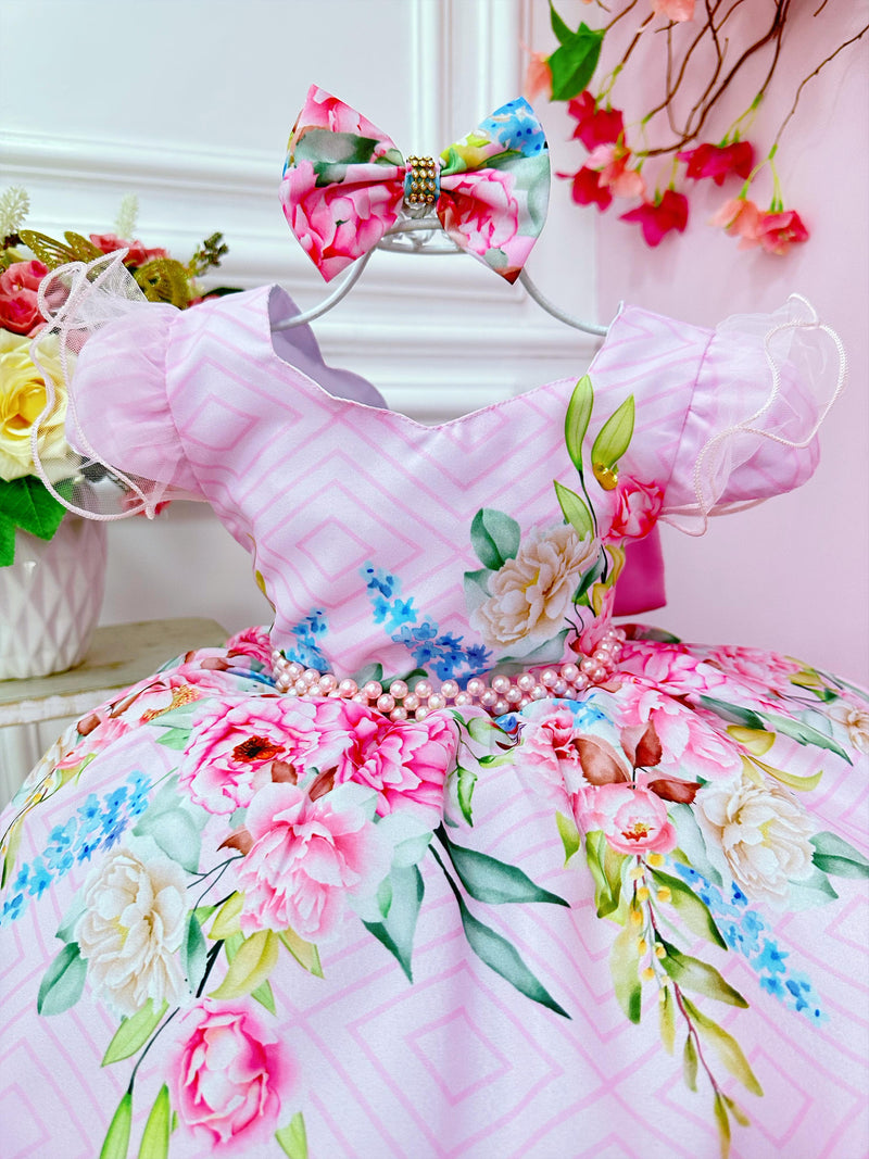 Vestido Infantil Rosa Florido C/ Laço e Cinto Pérolas Festas