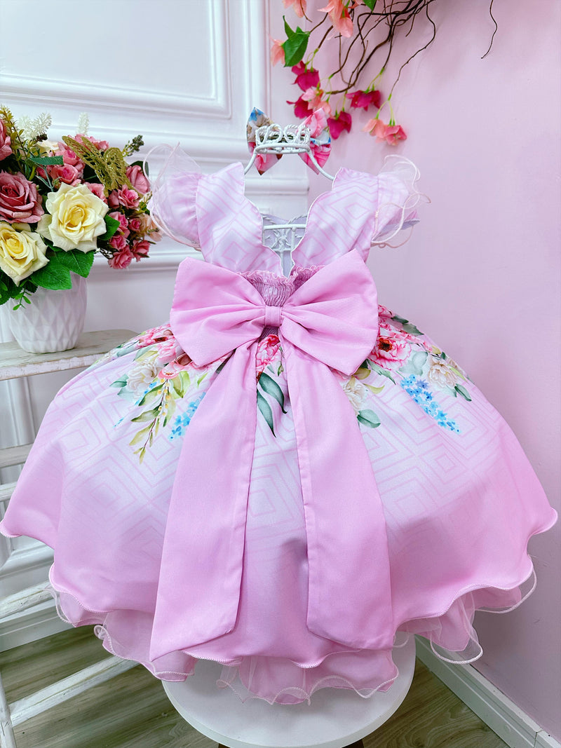 Vestido Infantil Rosa Florido C/ Laço e Cinto Pérolas Festas