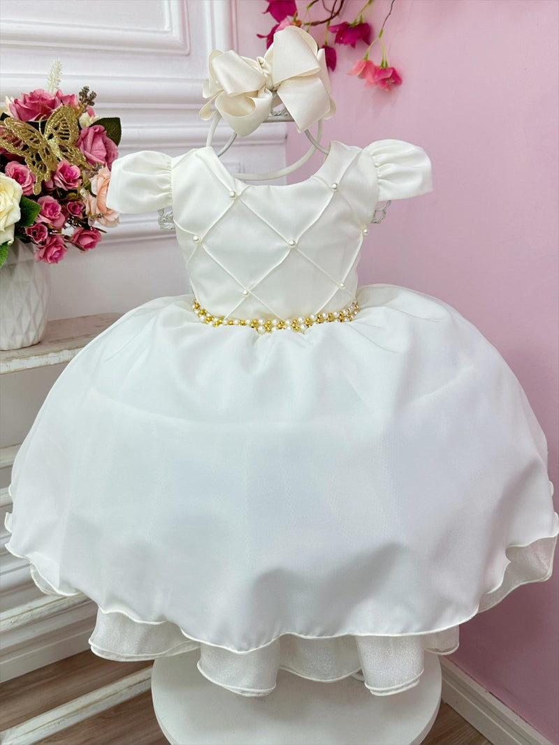 Vestido Infantil Off White Cinto de Pérolas Casamento Luxo