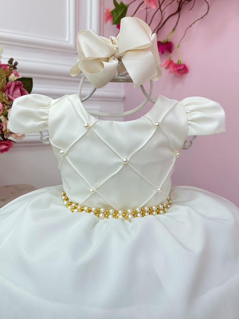 Vestido Infantil Off White Cinto de Pérolas Casamento Luxo