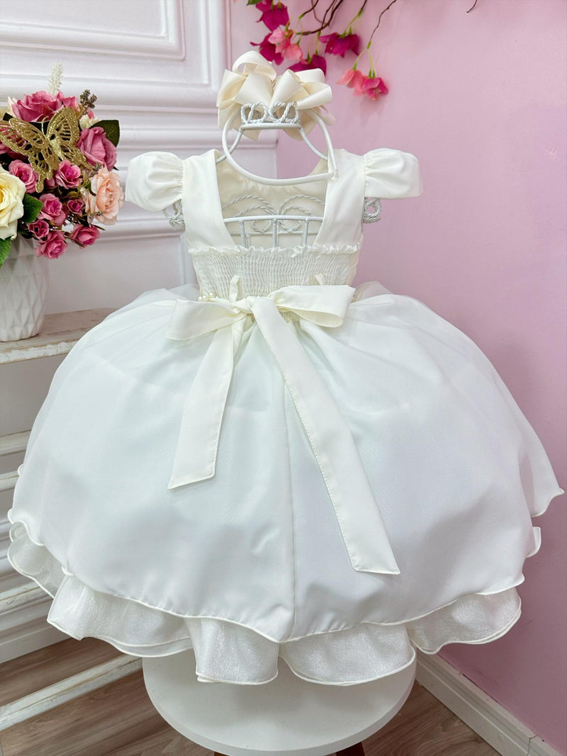 Vestido Infantil Off White Cinto de Pérolas Casamento Luxo