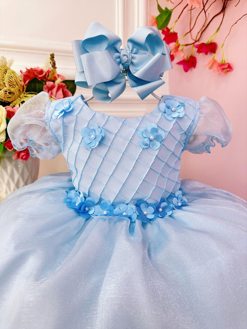 Vestido Infantil Azul Bebê Princesas Aurora C/ Aplique Flores