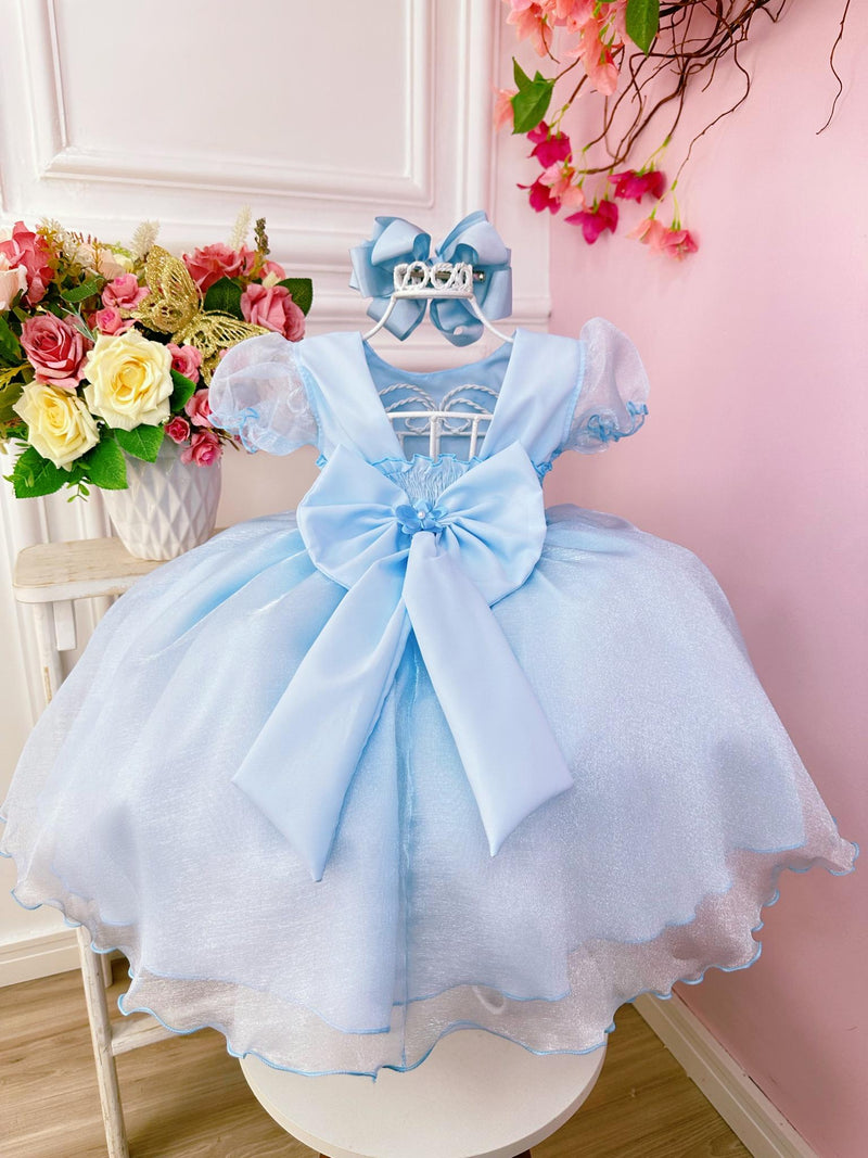 Vestido Infantil Azul Bebê Princesas Aurora C/ Aplique Flores