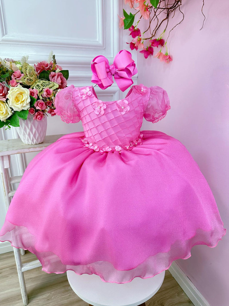 Vestido Infantil Rosa Princesas Aurora C/ Aplique de Flores