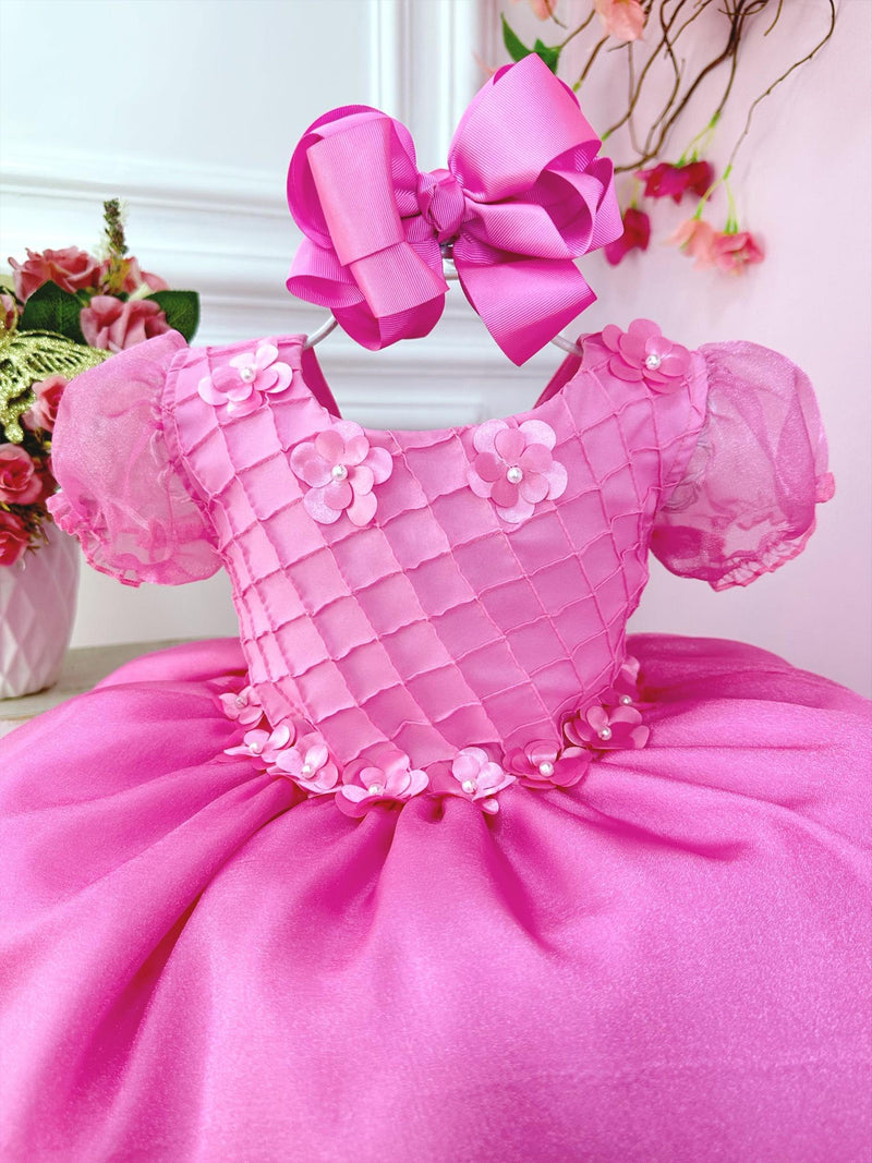 Vestido Infantil Rosa Princesas Aurora C/ Aplique de Flores