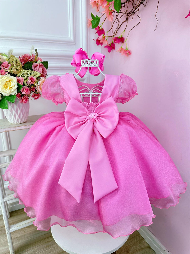 Vestido Infantil Rosa Princesas Aurora C/ Aplique de Flores