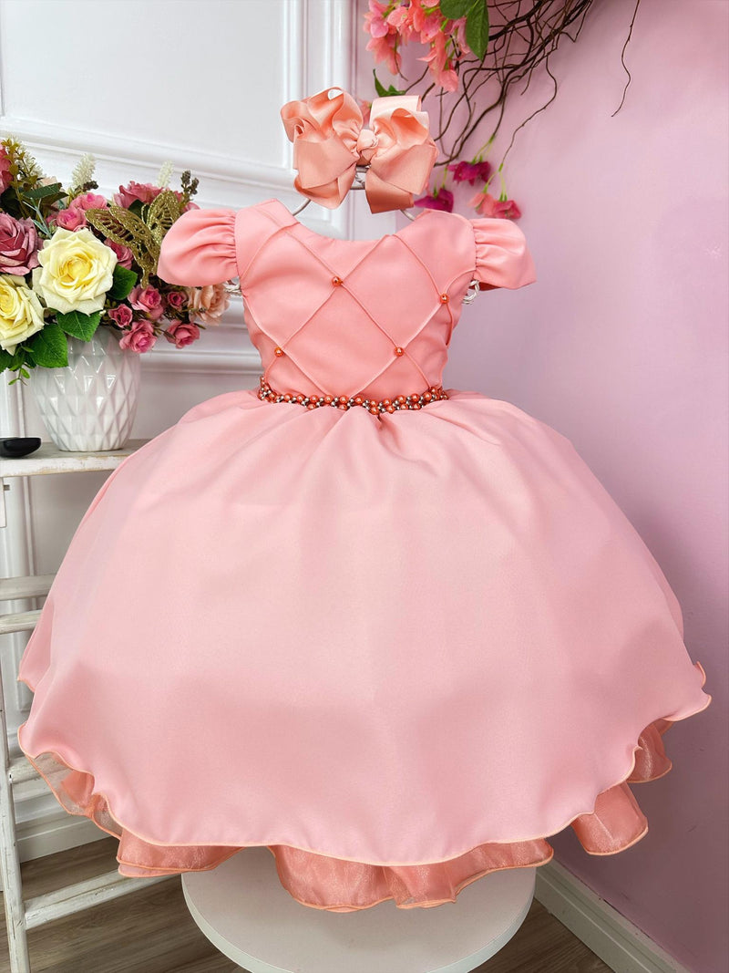 Vestido Infantil Goiaba Cinto de Pérolas Casamento Luxo