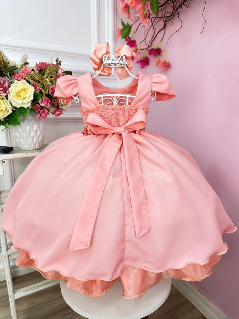 Vestido Infantil Goiaba Cinto de Pérolas Casamento Luxo