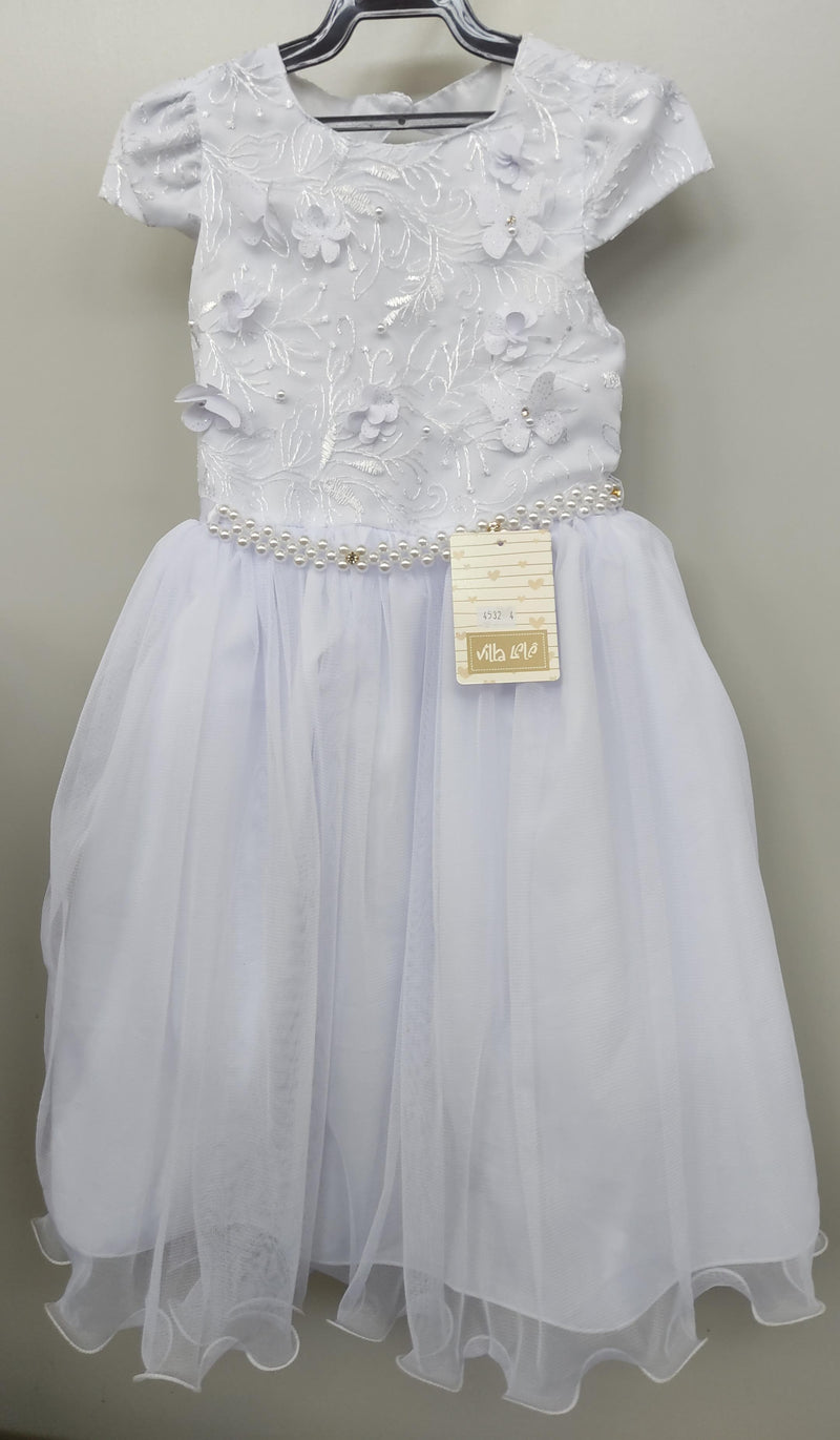 Vestido Infantil Branco Damas C/ Renda e Aplique Borboletas