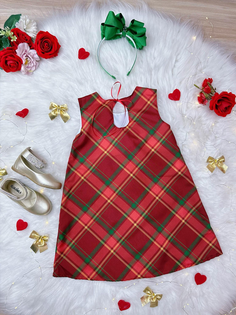 Vestido Infantil Trapézio Vermelho Xadrez Natal Festas