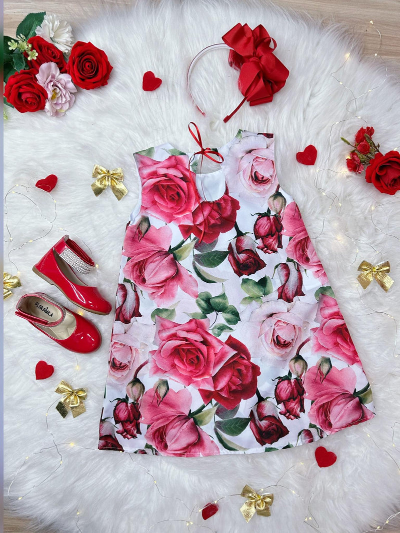 Vestido Infantil Trapézio Branco Florido de Rosas Festas