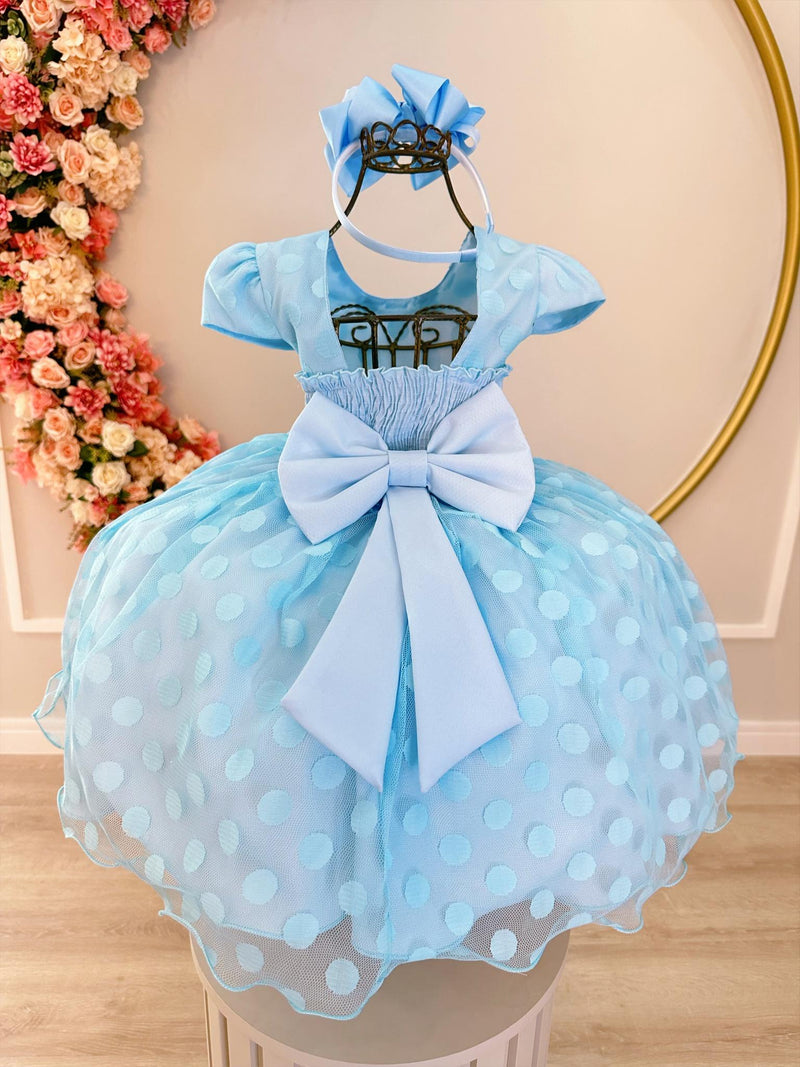 Vestido Infantil Azul Poá Com Cinto de Strass e Pérolas