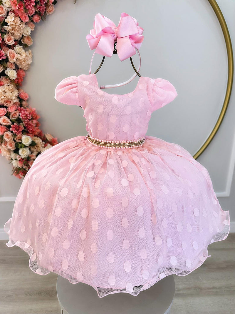 Vestido Infantil Rosa Bebê Poá Com Cinto de Strass e Pérolas