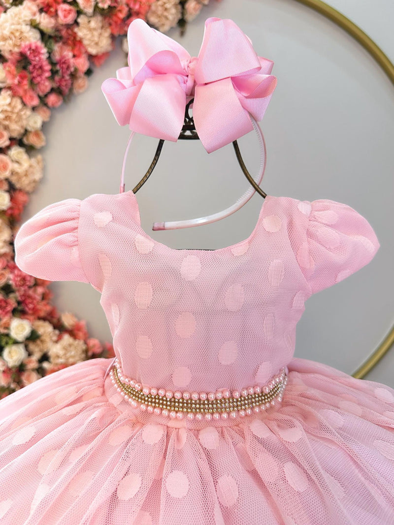 Vestido Infantil Rosa Bebê Poá Com Cinto de Strass e Pérolas