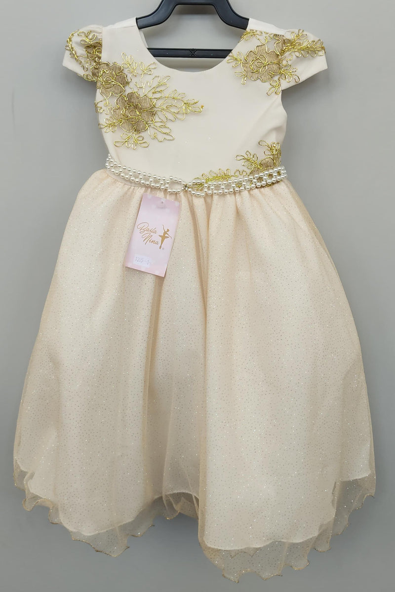 Vestido Infantil Off White C/ Renda Dourada e Pérolas Damas