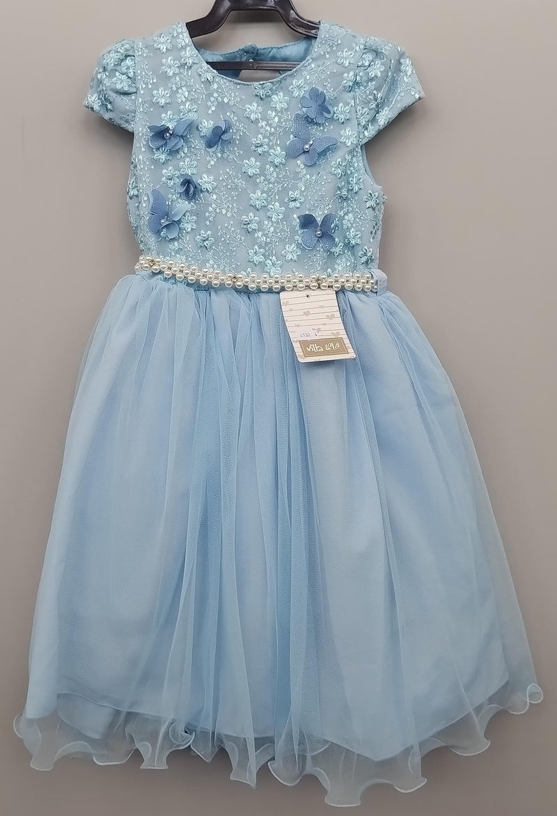 Vestido Infantil Azul Damas C/ Renda e Aplique Borboletas