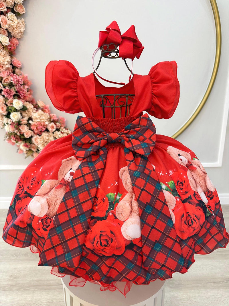 Vestido Infantil Vermelho Ursinho Florido C/ Pérolas Festas (3382VM)