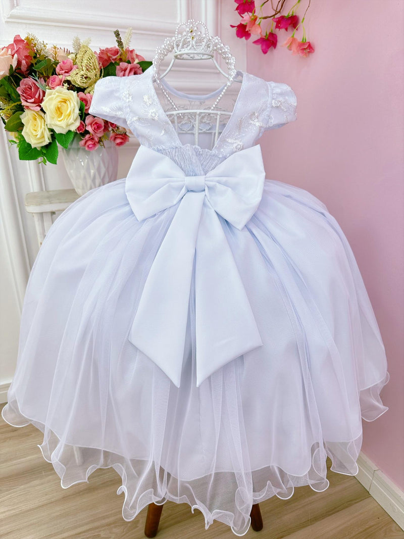 Vestido Infantil Branco Damas C/ Renda e Aplique de Flores