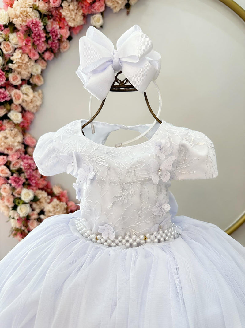 Vestido Infantil Branco Damas C/ Renda e Aplique Borboletas