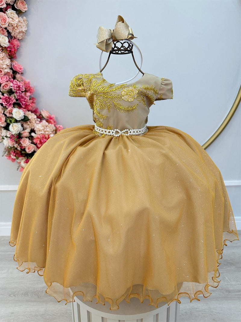 Vestido Infantil Dourado C/ Renda Realeza e Pérolas Damas