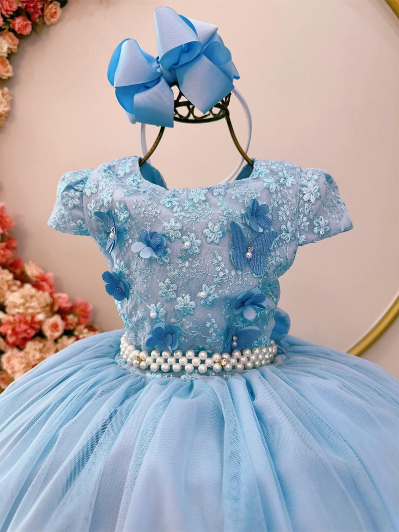 Vestido Infantil Azul Damas C/ Renda e Aplique Borboletas